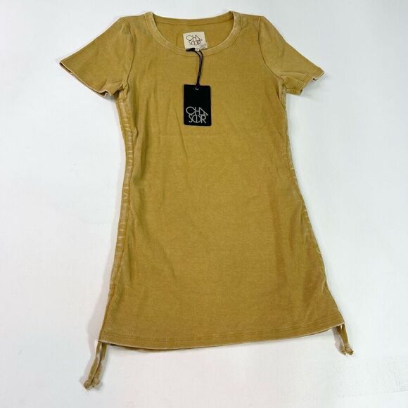 Chaser Mini Dress Womens Small Mustard Ribbed Short Sleeve Bodycon Ruched new - Picture 1 of 8